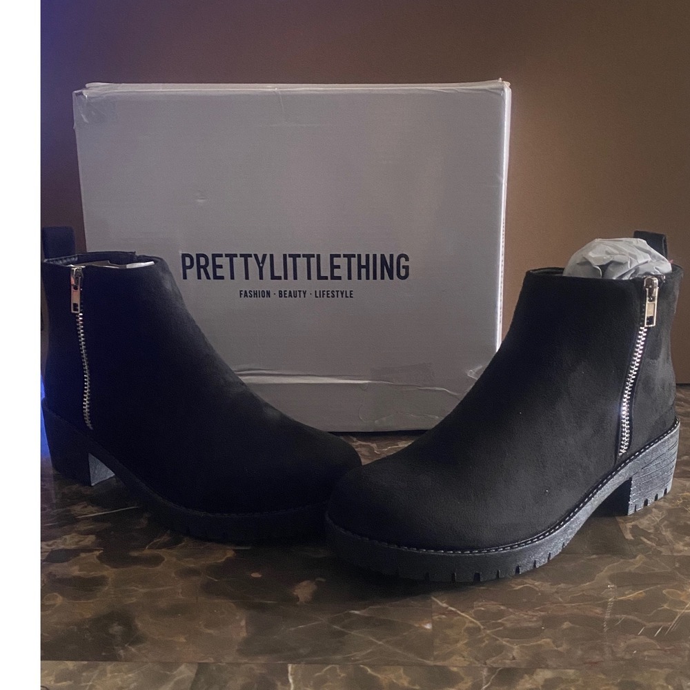 PrettyLittleThing‎ Black Faux Suede Zip Ankle Boots Microfibre CMS9082 Size 5/38